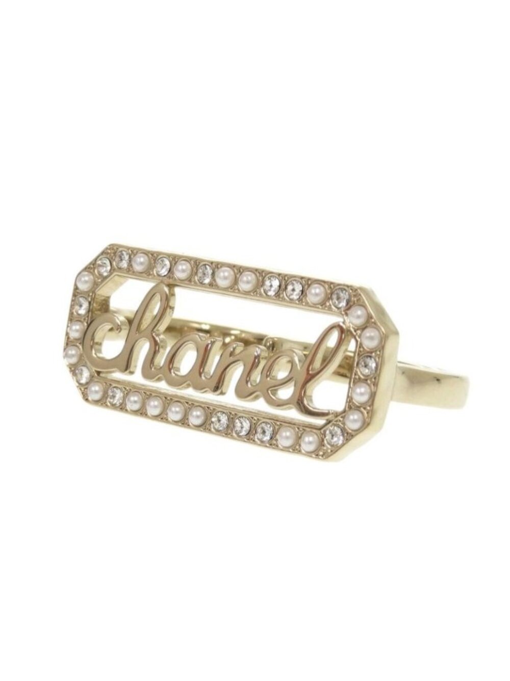 Chanel Double Finger L23 B Metal Stone Faux Pearl Gold Ring